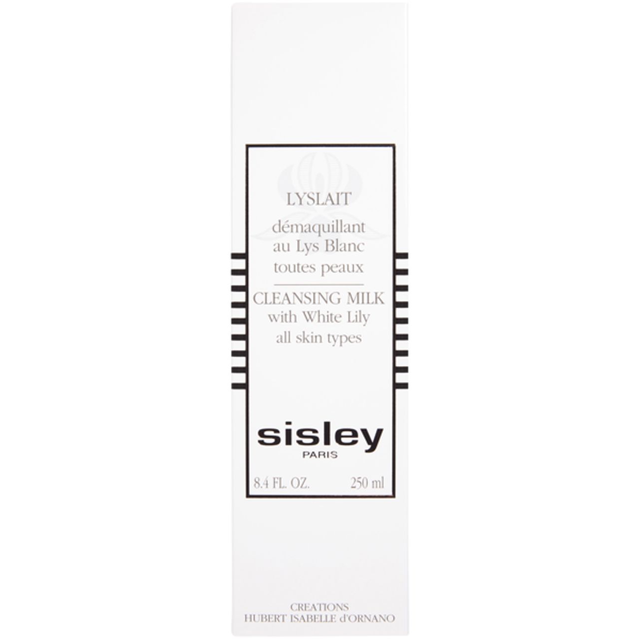 Weiße Sisley Lyslait Verpackung. Text auf Etikett: Lyslait, au Lys Blanc, toutes peaux, Cleansing Milk with White Lily.