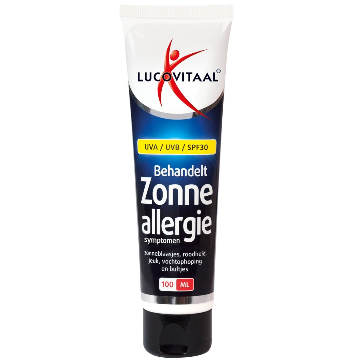 Tube met productnaam en logo. Blauwe en witte kleurstelling. Tekst: UVA/UVB/SPF30, Zonne allergie Symptomen.