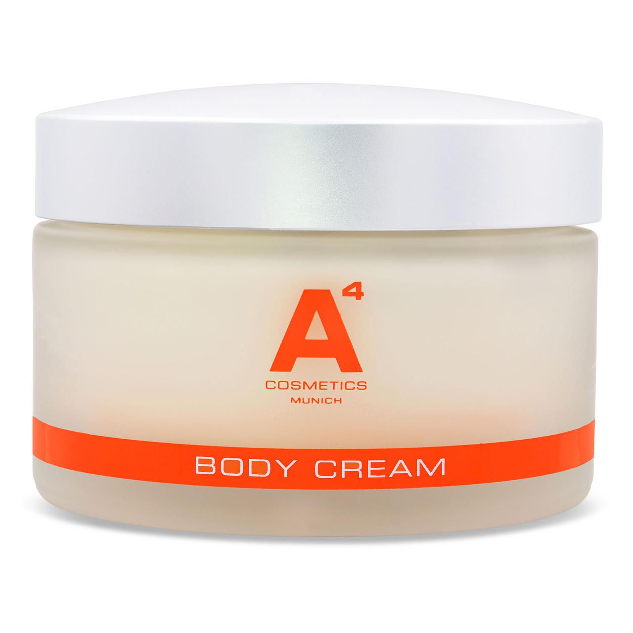 Creme-Dose mit weißer Creme. Aufschrift: A4 Cosmetics, Body Cream. Orangefarbener Streifen.