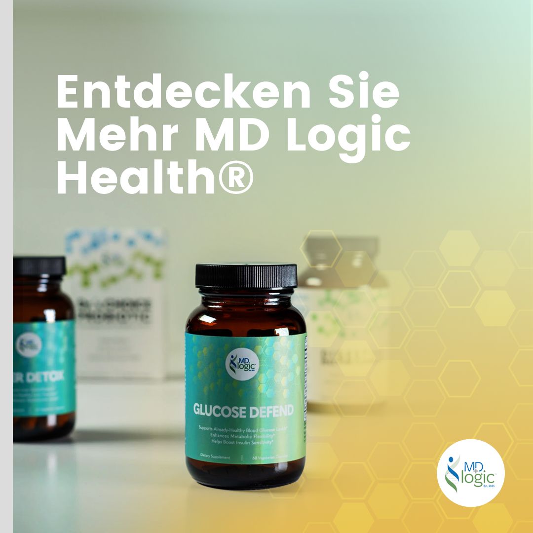Mehrere Flaschen. Eine Flasche Glucose Defend. Logo MD Logic Health.