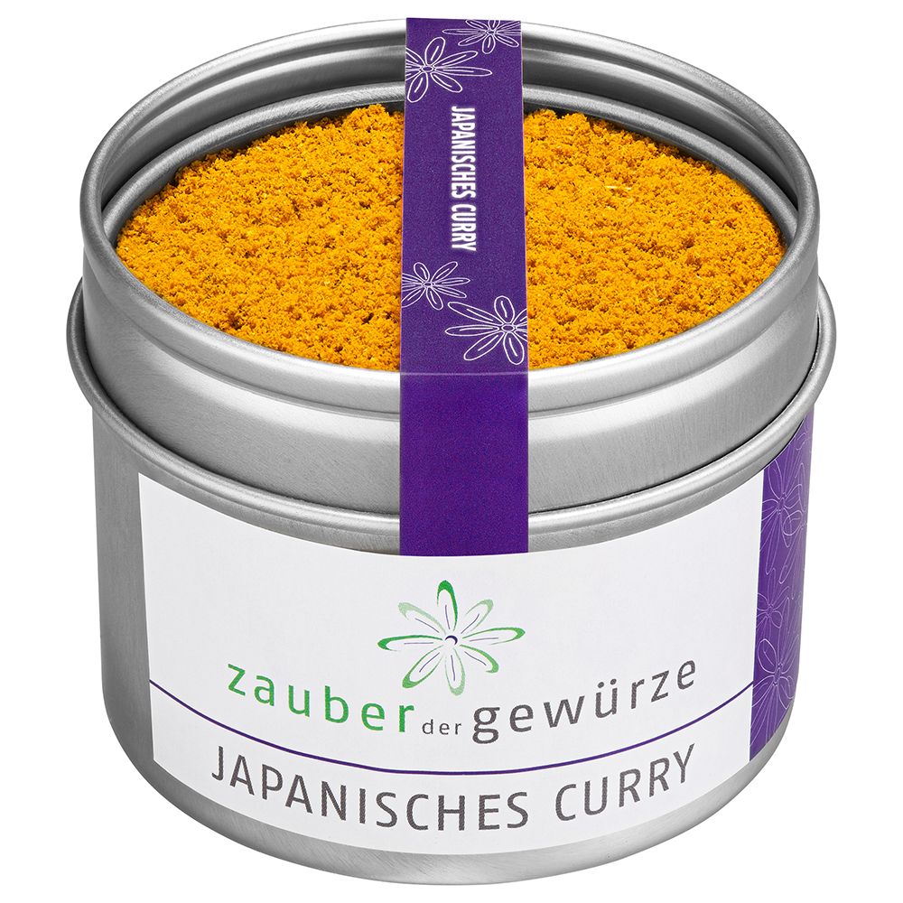 Runde Dose mit gelbem Currypulver. Aufschrift: Japanisches Curry, Zauber der Gewürze. Lila Etikett.