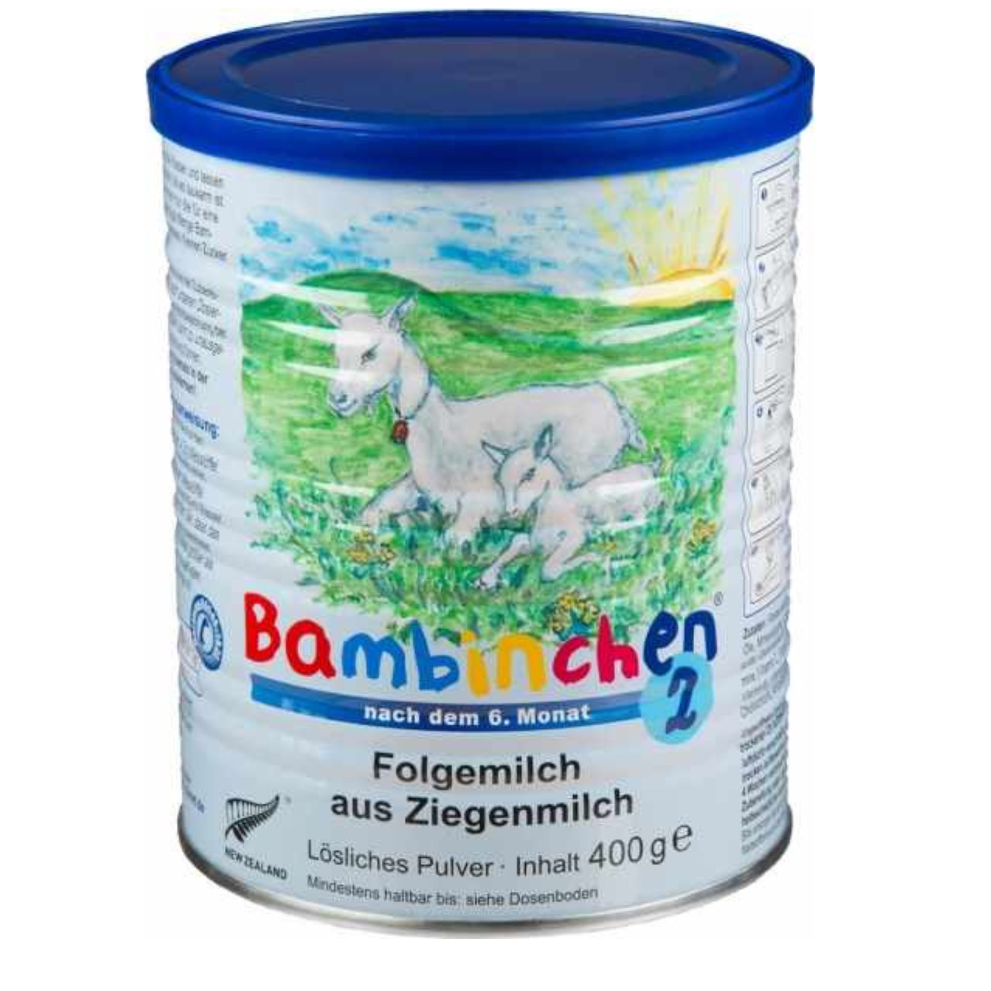 Runde Dose Bambinchen 2 Folgemilch. Abbildung einer Ziege mit Jungtier. Blaue Deckel und Schriftzug. Inhalt 400g.