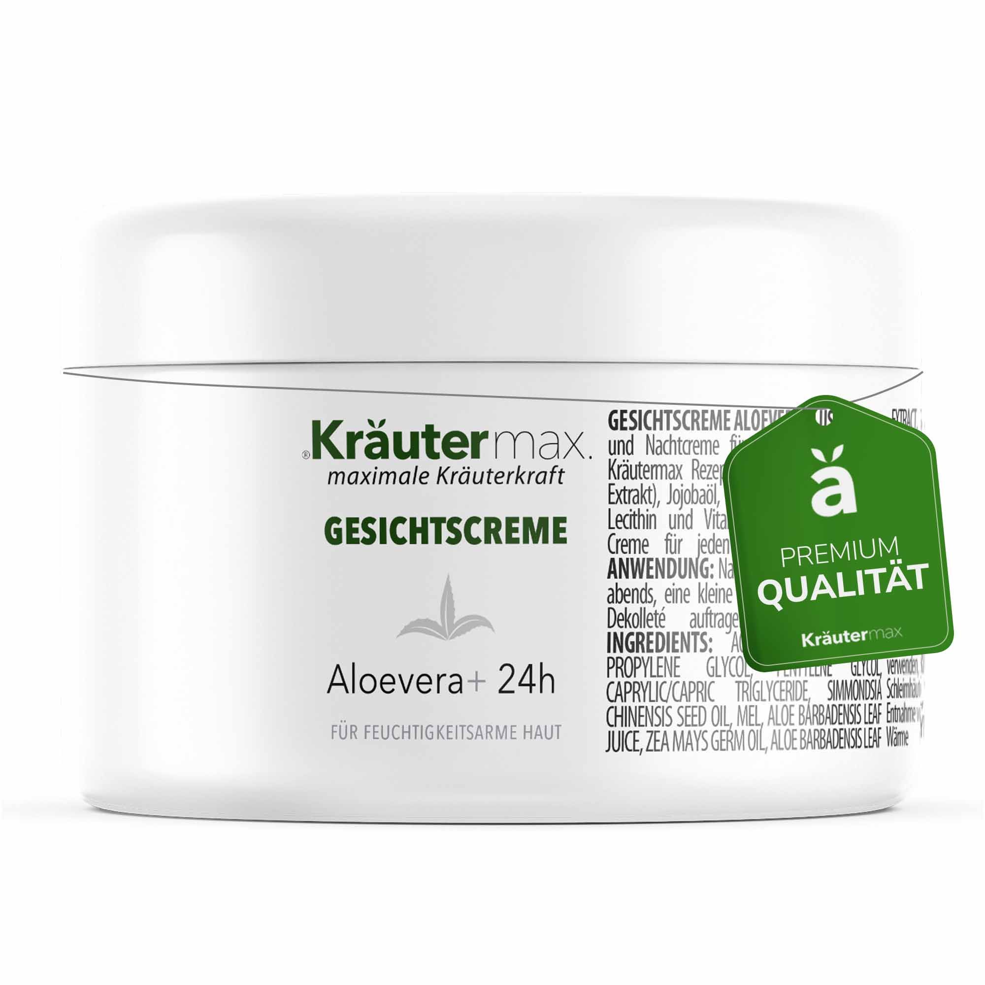 Weiße Creme-Dose. Kräutermax Gesichtscreme. Text: Aloe vera, 24h. Premium Qualität. Grünes Qualitätssiegel.