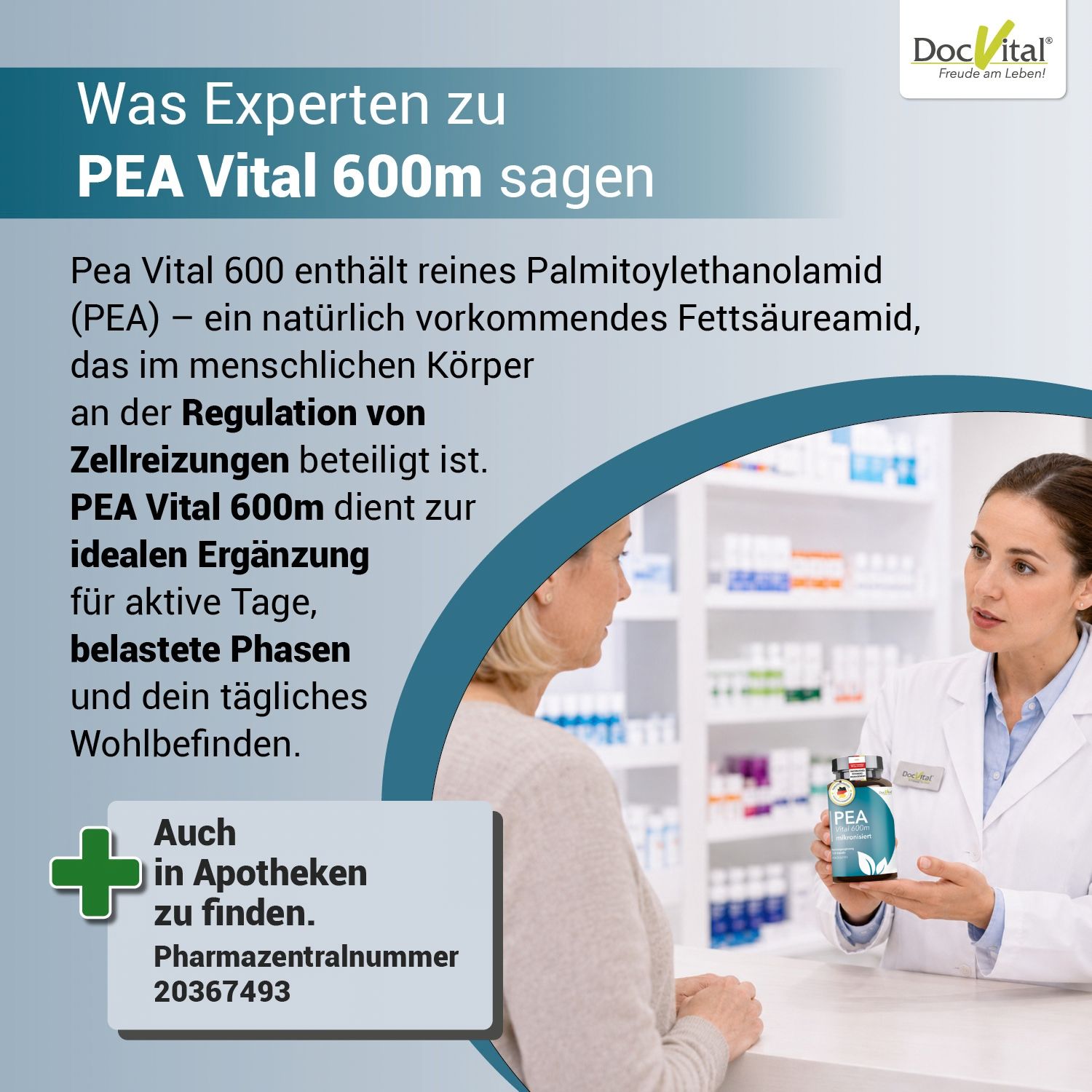 Eine Apothekerin erklärt einer Kundin ein Produkt, mit Text über Expertenmeinungen zu PEA Vital 600m.