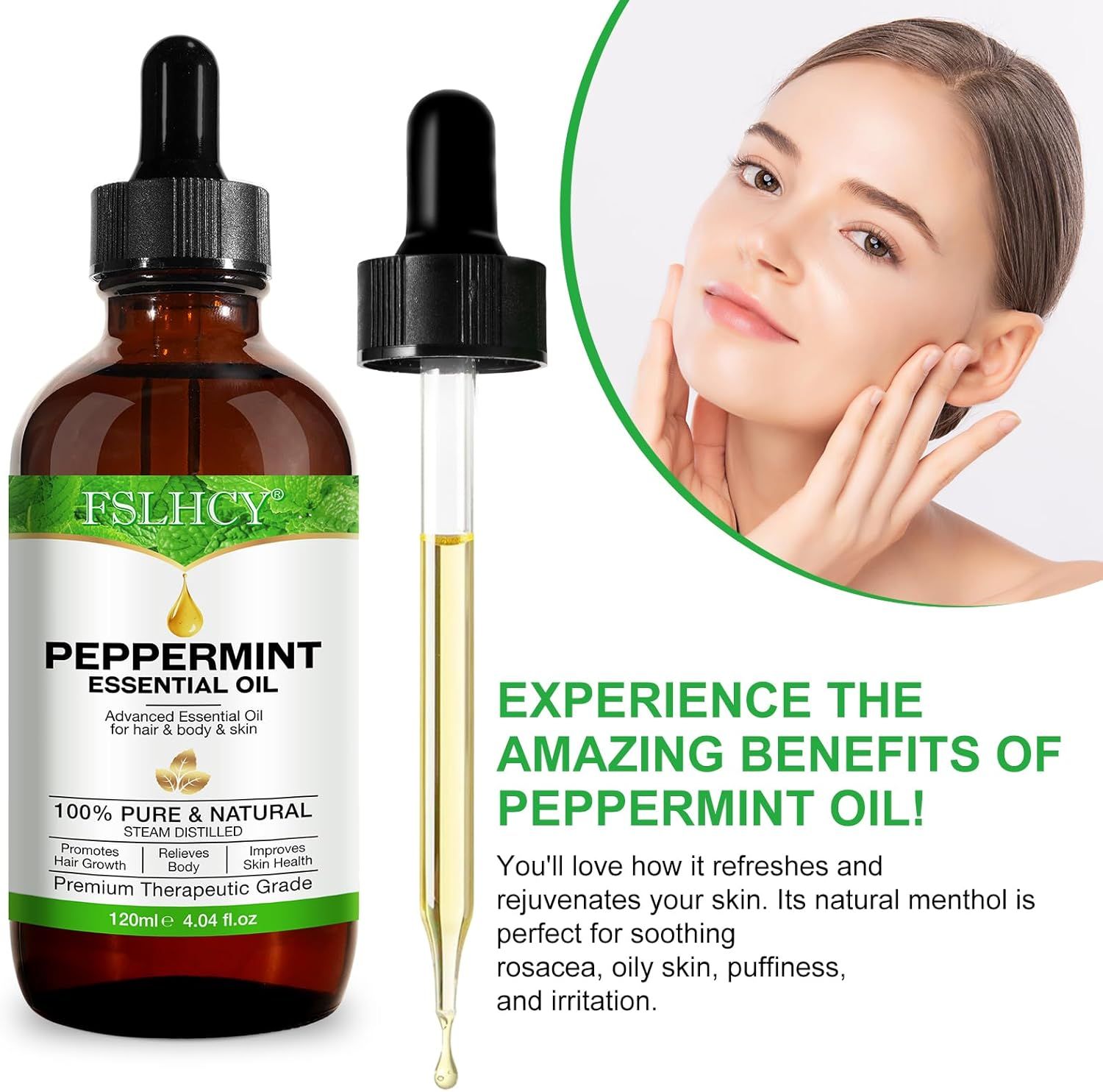 Braune Flasche mit Pipette. Text: 'Erleben Sie die erstaunlichen Vorteile von Pfefferminzöl!' Frau berührt ihr Gesicht.