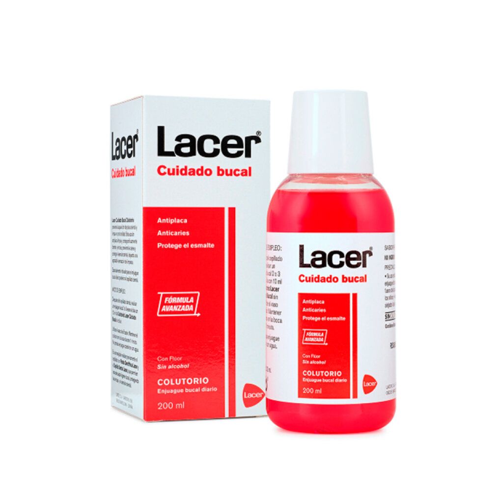 Rote Mundspülung und Karton. Aufschrift: Lacer, Cuidado bucal. Enthält Fluorid. 200 ml.