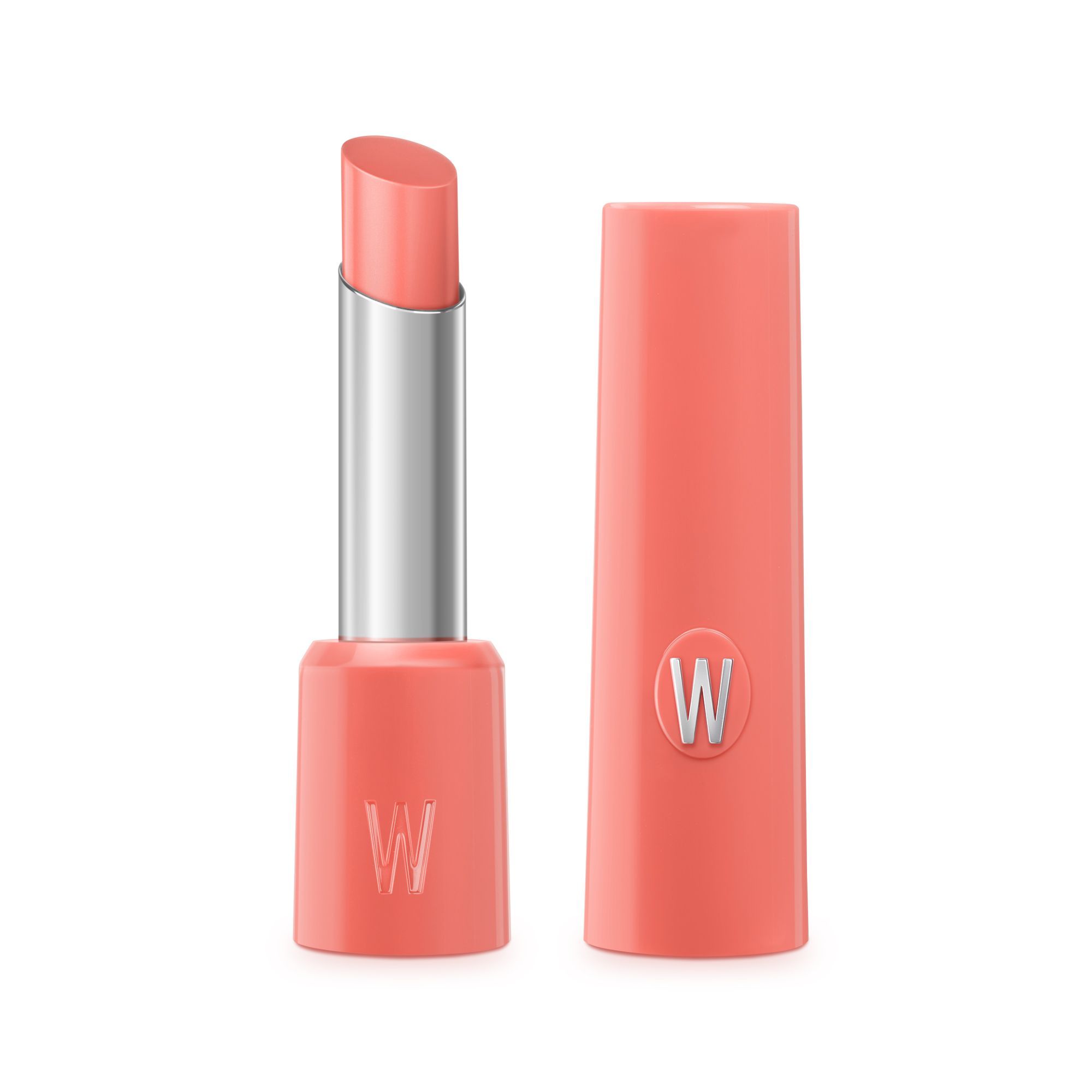 Ein offener Korall-farbener Lippenstift mit silbernem Schaft und silbernem 'W'-Logo auf dem Ständer.