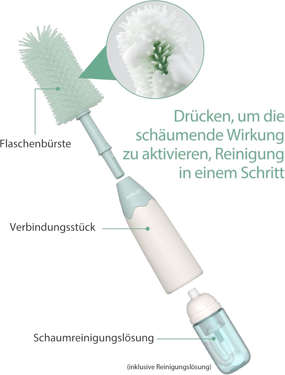 Explosionszeichnung der Momcozy Flaschenbürste mit Schaumfunktion und Reinigungsflüssigkeit.