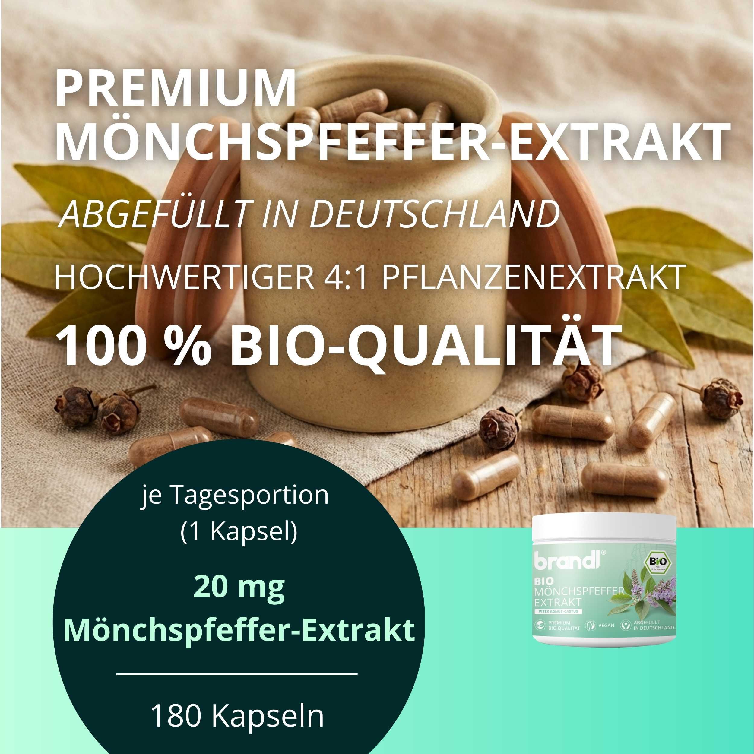 Behälter mit Kapseln und Produktinformationen. Text: Premium Mönchspfeffer-Extrakt, 100% Bio-Qualität, 180 Kapseln.