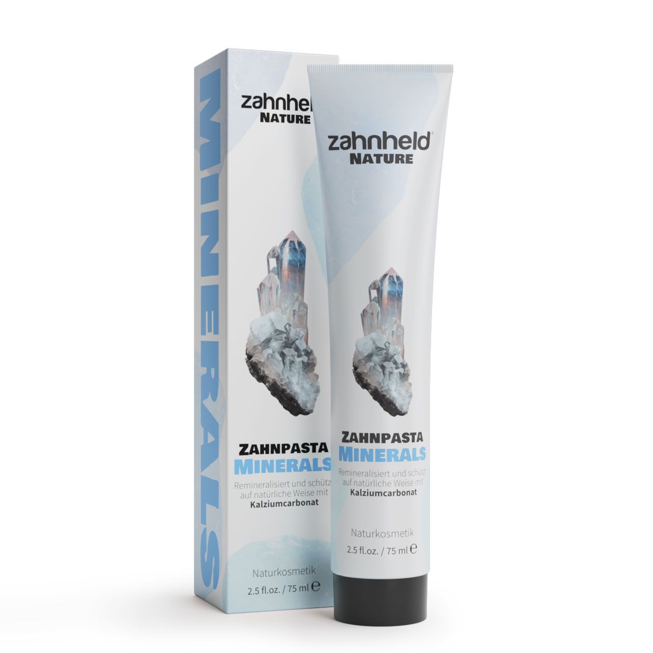 Zahnpasta-Tube und Schachtel. Aufschrift: Zahnheld Nature Minerals. Abbildung eines Kristalls. 2.5/75 ml.
