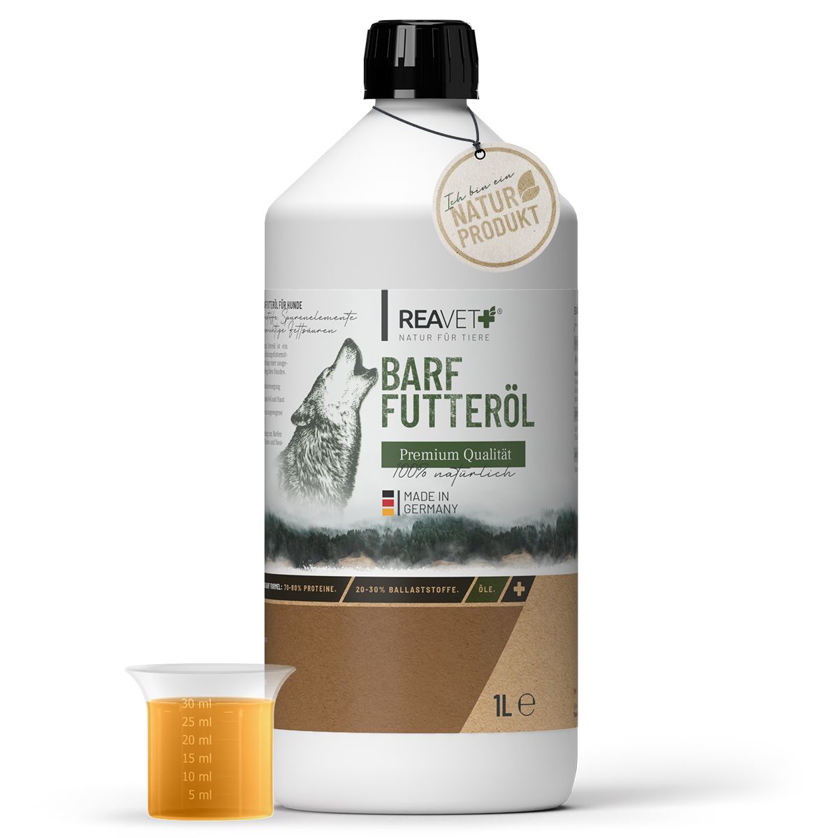 Weiße Flasche mit schwarzem Deckel und Etikett. Aufschrift: Barf Futteröl, ReaVET. Becher mit gelber Flüssigkeit.