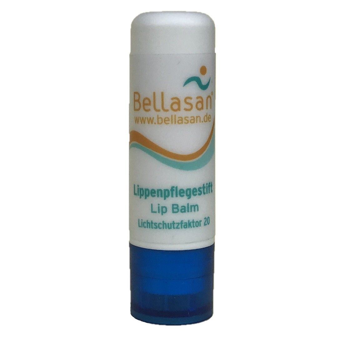 Bellasan® Lippenpflegestift, LSF 20. Weiße Hülle mit gelbem Ende. Aufschrift: Lippenpflegestift, Lip Balm, Lichtschutzfaktor 20.