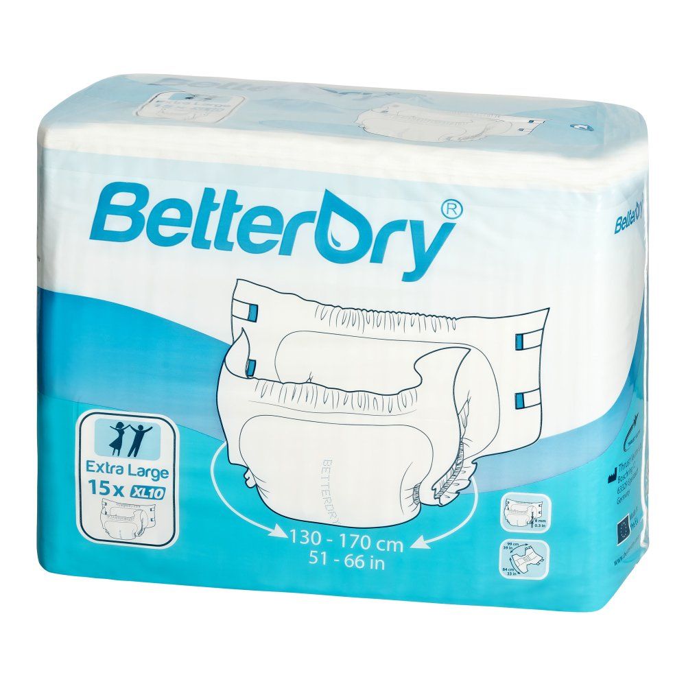 BetterDry XL10 Windeln für Erwachsene, 15 Stück, Größe 51-66 Zoll.