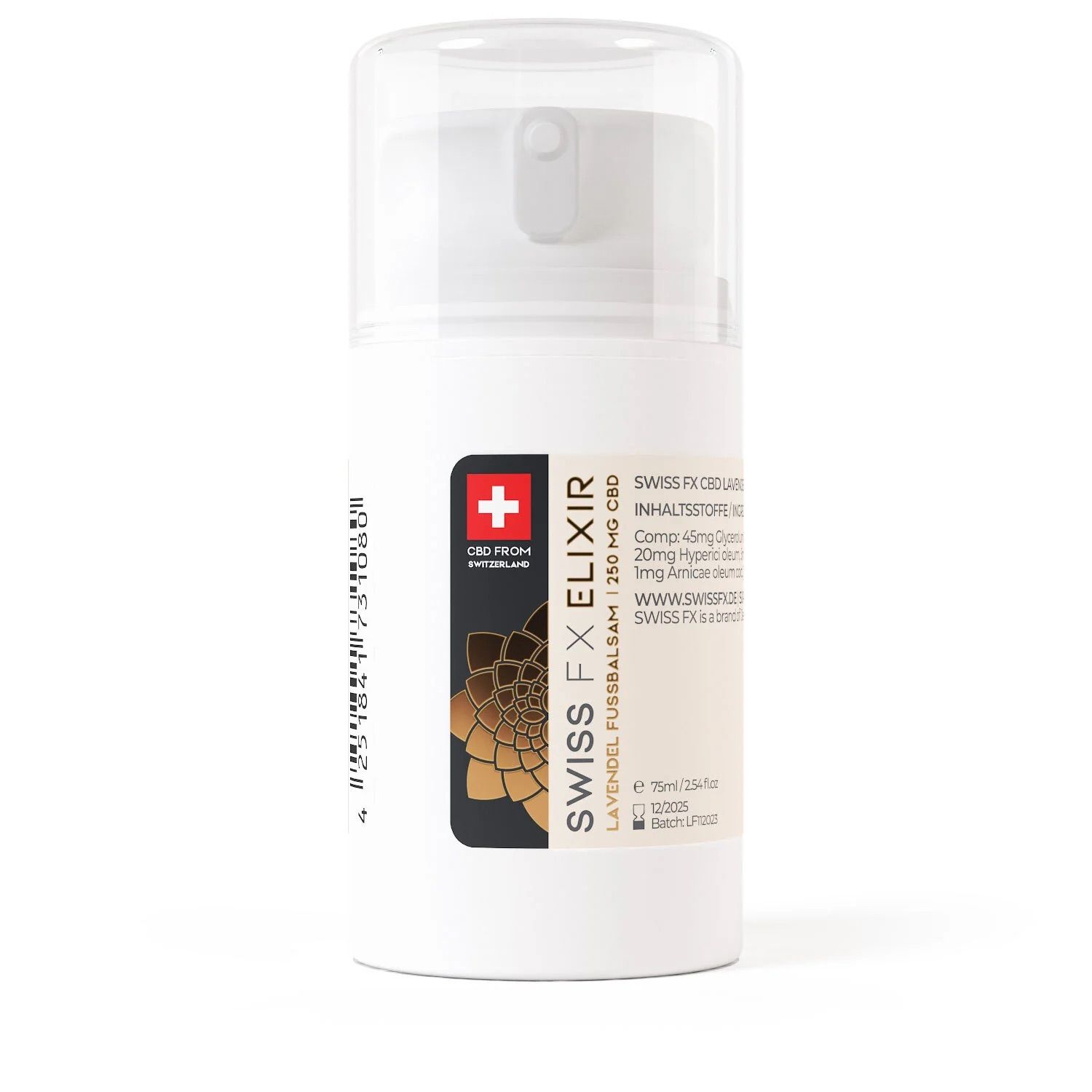 Weißer Spender mit Etikett. Schweizer Kreuz, Text: SWISS FX ELIXIR, CBD Fussbalsam, 250 mg CBD. Mit Dosierkopf.