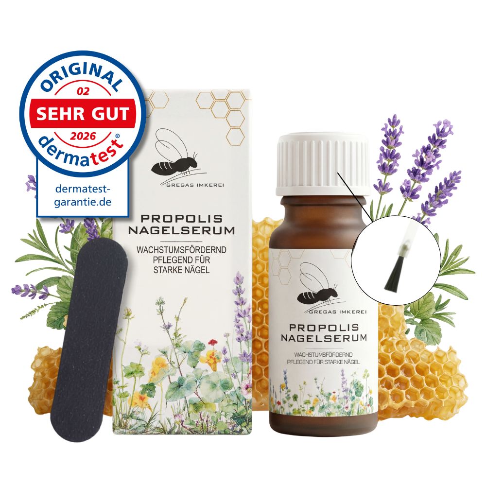 Propolis Nagelserum Flasche mit Pinsel, Schachtel, Feile und Bienenwaben. Dermatest Siegel.