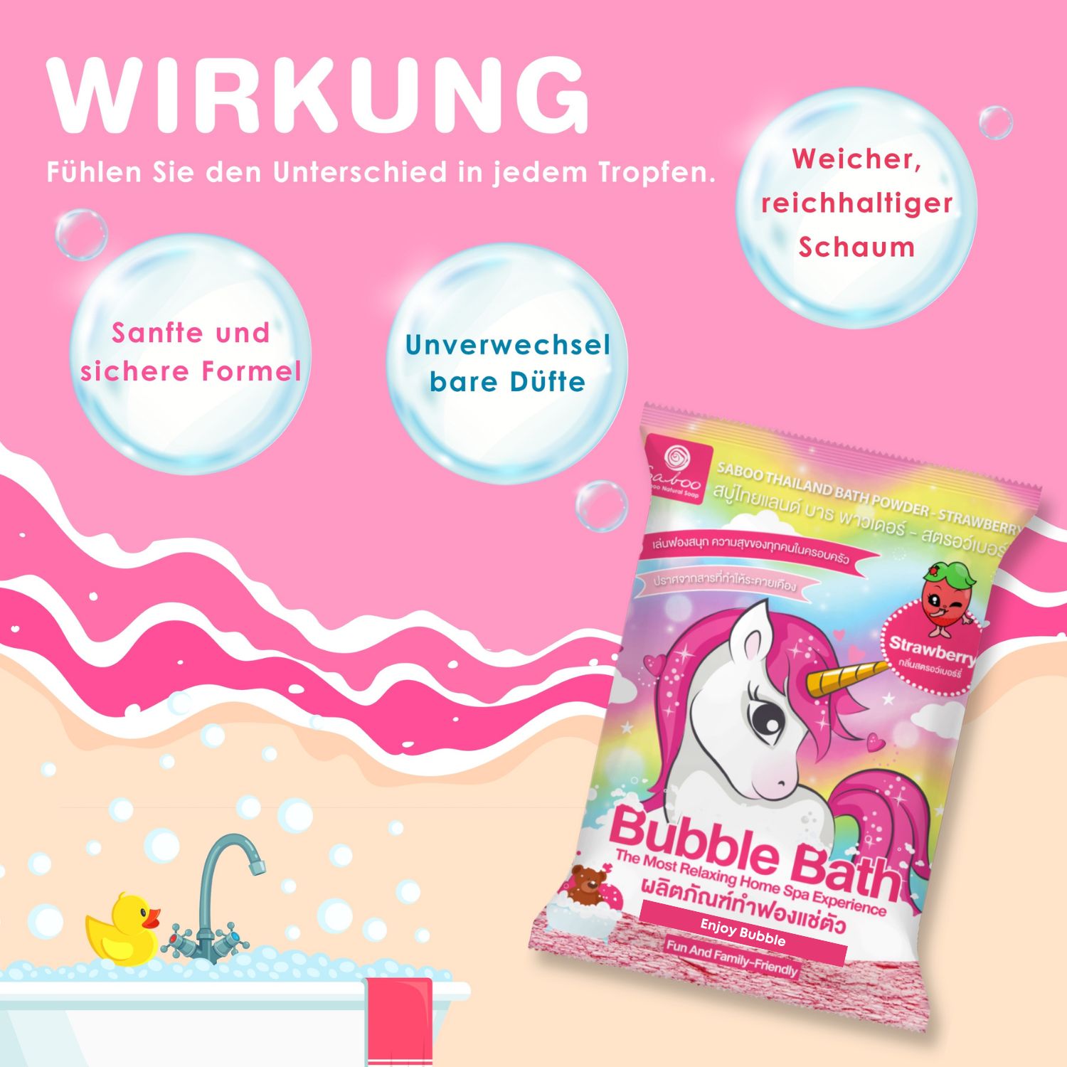 Produktbeutel mit Erdbeer-Illustration und Text: Bubble Bath. Grafiken: Seifenblasen, Badezimmer-Szene. Logo: Saboo.