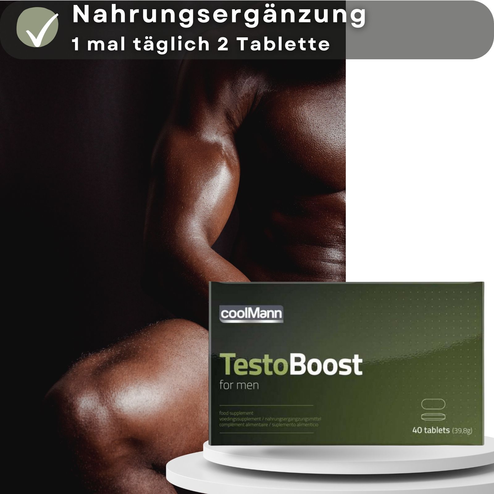 Coolmann TestoBoost-Packung. Muskelmann im Hintergrund. Nahrungsergänzung. 40 Tabletten.