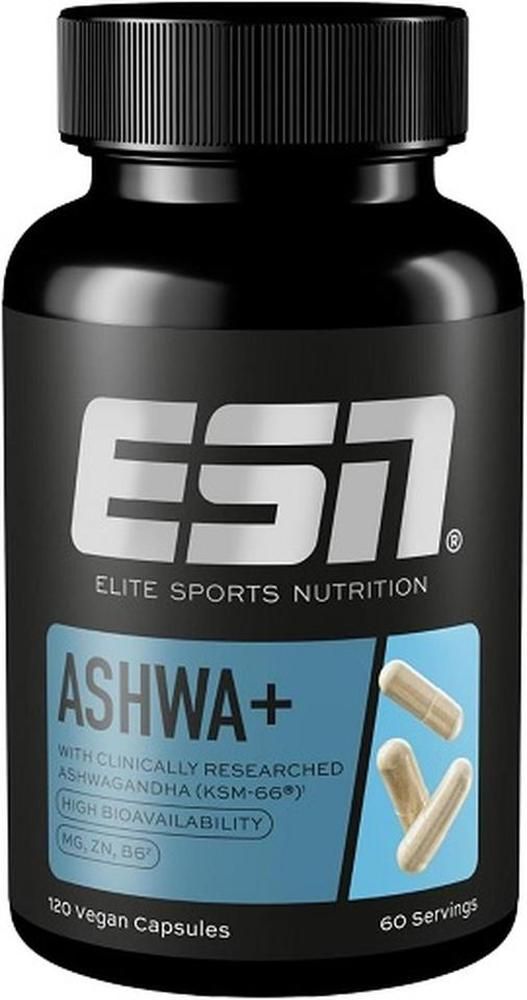 Schwarze Flasche mit ESN-Logo und Produktbezeichnung ASHWA+. Enthält Kapseln. 120 vegane Kapseln, 60 Portionen.