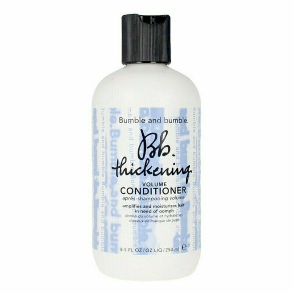 Weiße Flasche mit schwarzem Deckel. Aufschrift: Bumble and bumble, Bb. thickening, Volume Conditioner. 250ml.