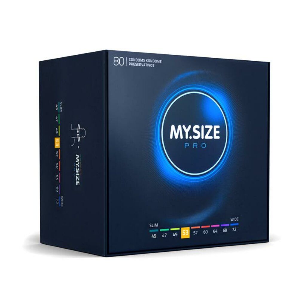 Dunkelblaue Verpackung mit MY.SIZE PRO Logo. Enthält 80 Kondome. Größenangaben von 45 bis 72 mm. Aufdruck: Kondome, Präservative.
