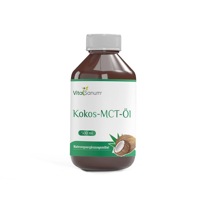 Braune Glasflasche mit weißem Etikett, das "VitaSanum Kokos-MCT-Öl 500 ml" und eine Kokosnuss zeigt.