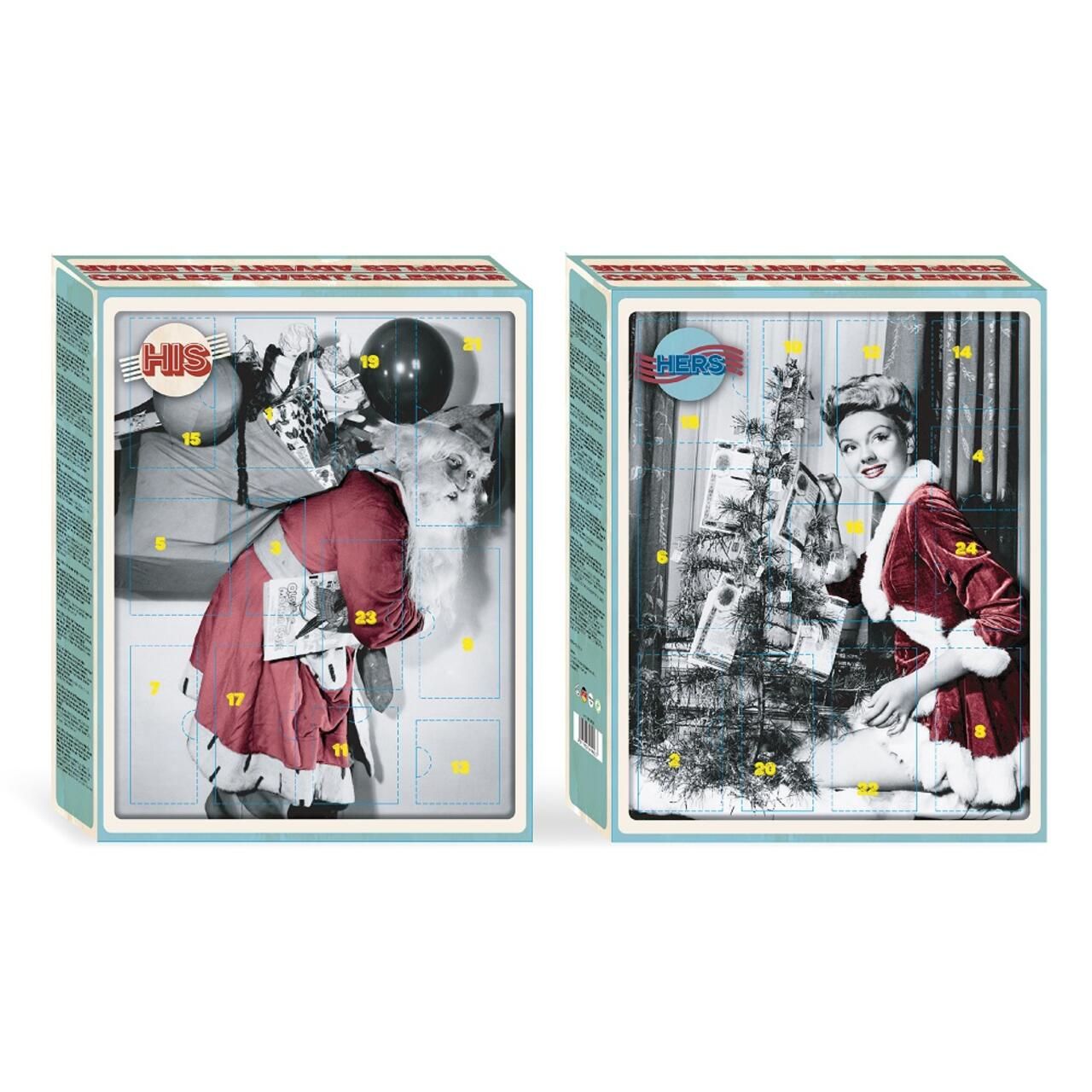 Zwei Adventskalender, einer mit „HIS“, einer mit „HERS“. Beide zeigen Vintage-Bilder von Weihnachtsmännern und Frauen in Santa-Kostümen.