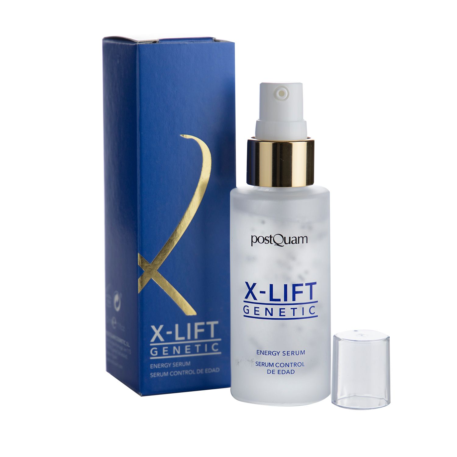 Serumflasche mit Sprühkopf und Karton. Aufschrift: X-Lift Genetic Energy Serum. Blaue Verpackung mit goldenem Logo.
