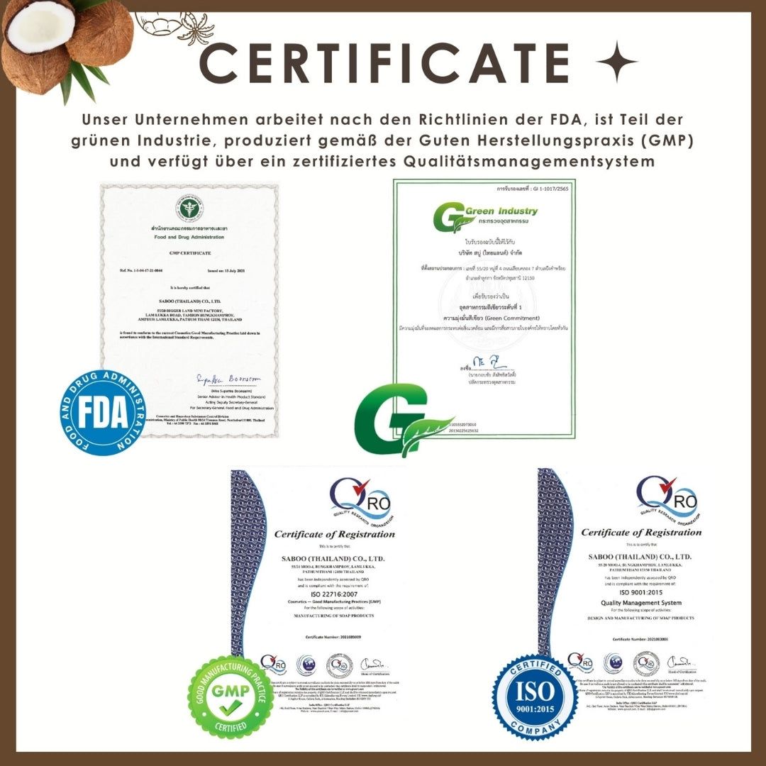 Zertifikate. FDA, Green Industry, GMP, ISO 9001. Logos und Text. Qualitätssiegel für die Herstellung von Produkten.