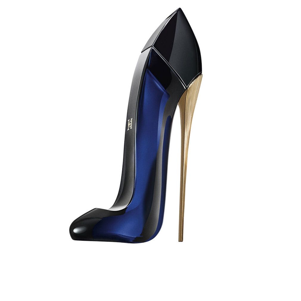Schuh-Flakon, schwarz und blau. Goldfarbener Absatz. Aufschrift: GOOD GIRL. Flakon in Schuhform.