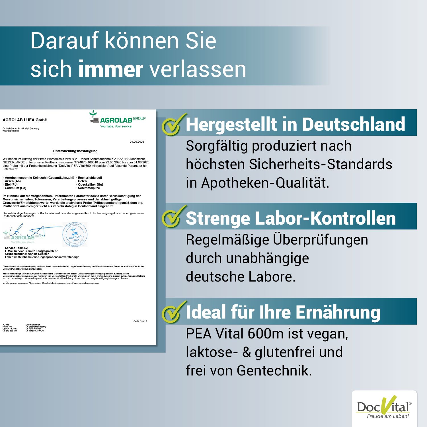 Ein Dokument mit dem Titel 'Hergestellt in Deutschland' und 'Strenge Labor-Kontrollen', neben Text über Produktqualität.
