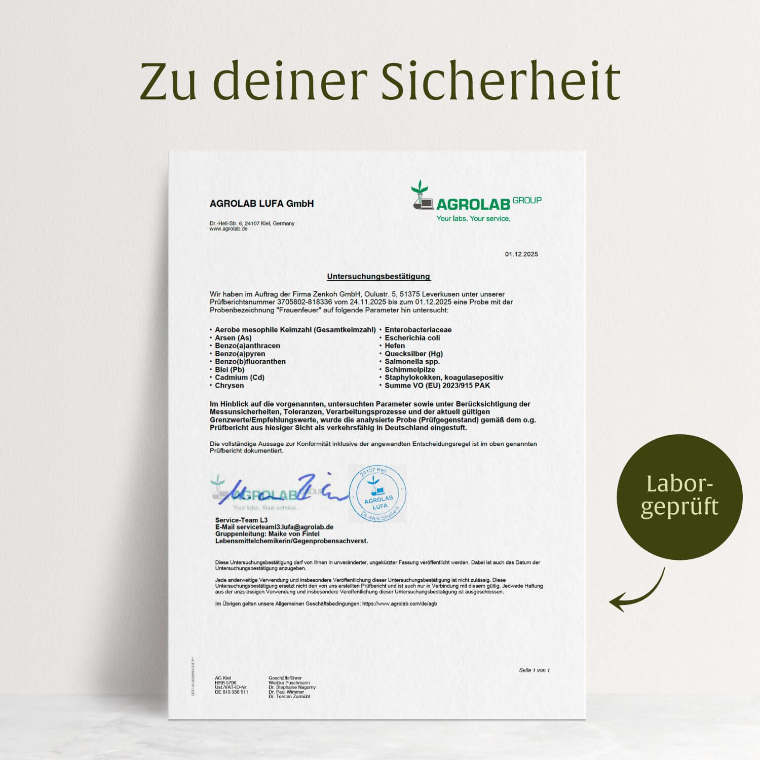 Laborprüfzertifikat für das Frauen Feuer Roter Maca-Komplex Nahrungsergänzungsmittel.