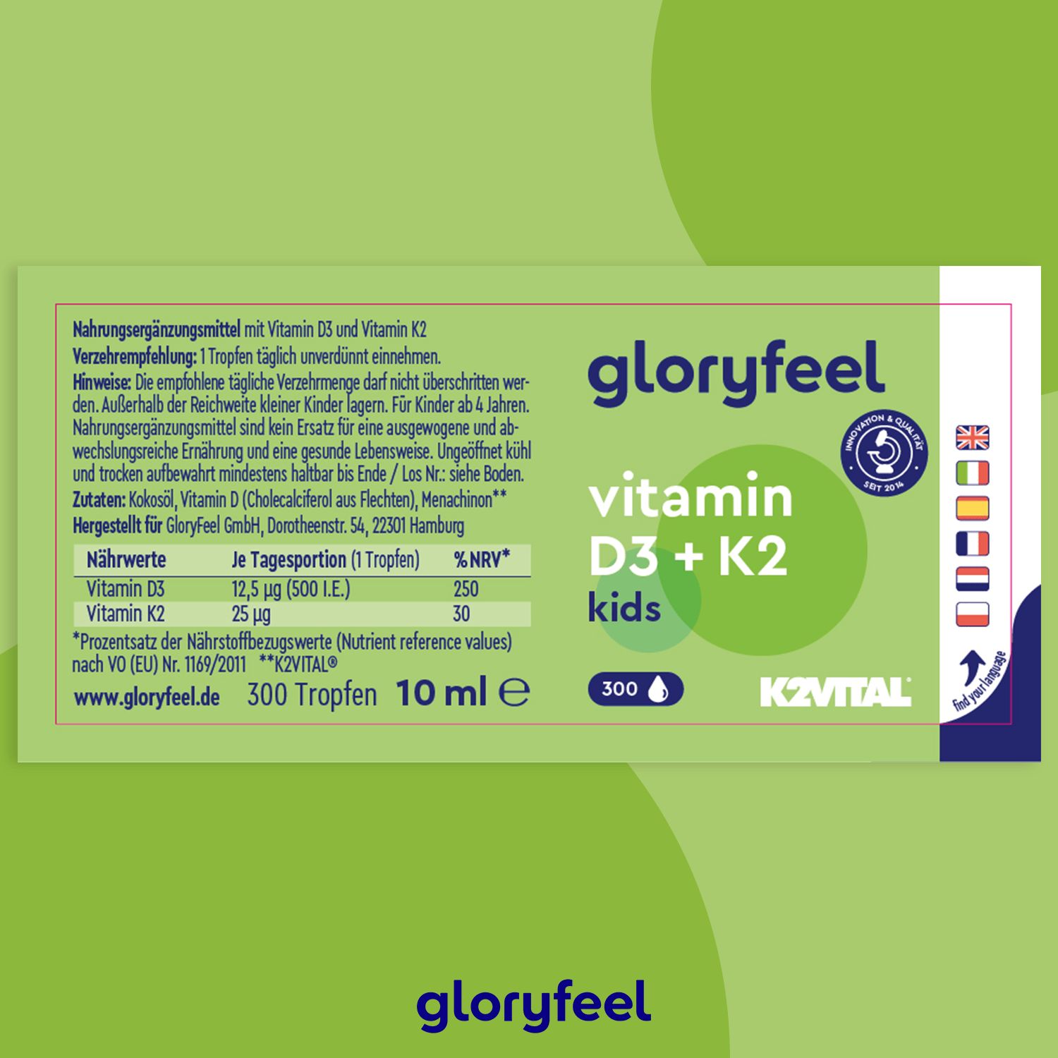 gloryfeel® Vitamin D3 + K2 500 I.E Tropfen Kids 10 ml zum Einnehmen