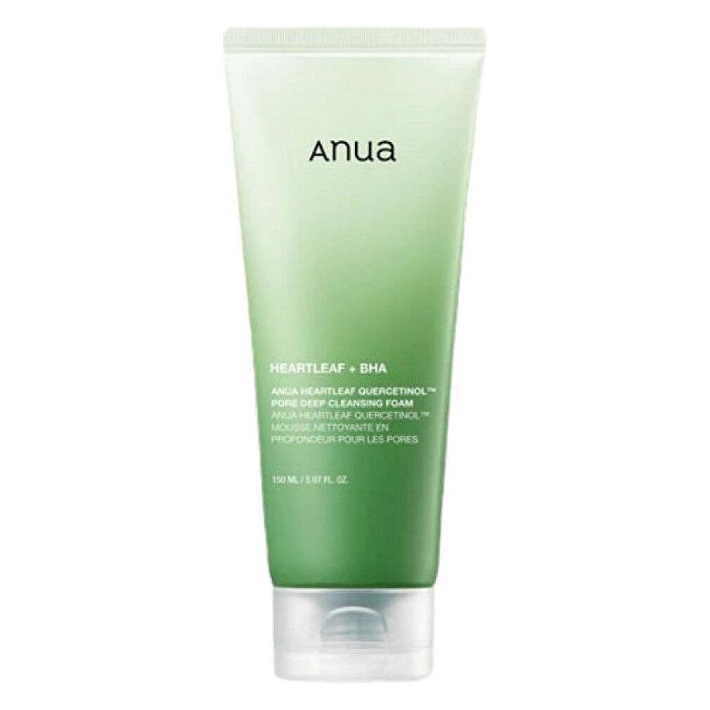 Weiß-grüne Tube mit Produktnamen und Inhaltsstoffen. Aufschrift: ANUA Heartleaf + BHA Pore Deep Cleansing Foam.