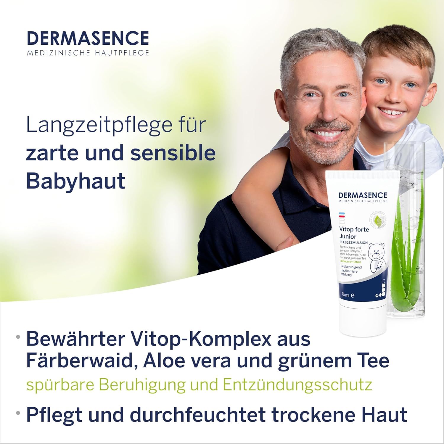 Mann und Kind mit Creme-Tube und Aloe Vera. Text: DERMASENCE, Vitop forte Junior Pflegeemulsion, Langzeitpflege für zarte Babyhaut.