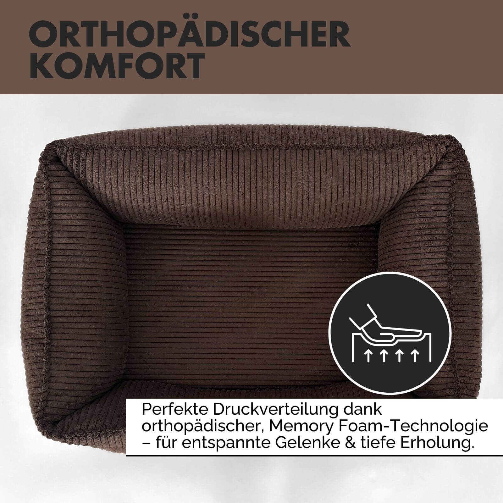Braunes Hundebett mit geriffelter Oberfläche. Text: Orthopädischer Komfort. Illustration: Person auf Matratze.