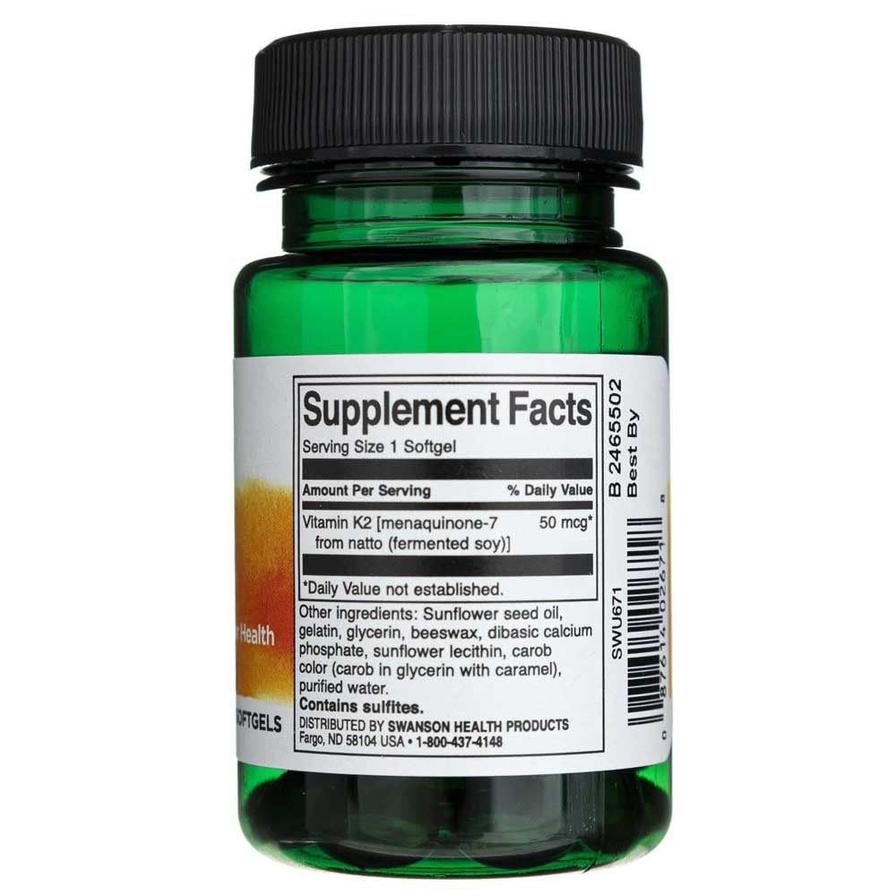 Rückseite einer Flasche SWANSON Vitamin K-2 Softgels. Zeigt Nährwertangaben und Inhaltsstoffe.