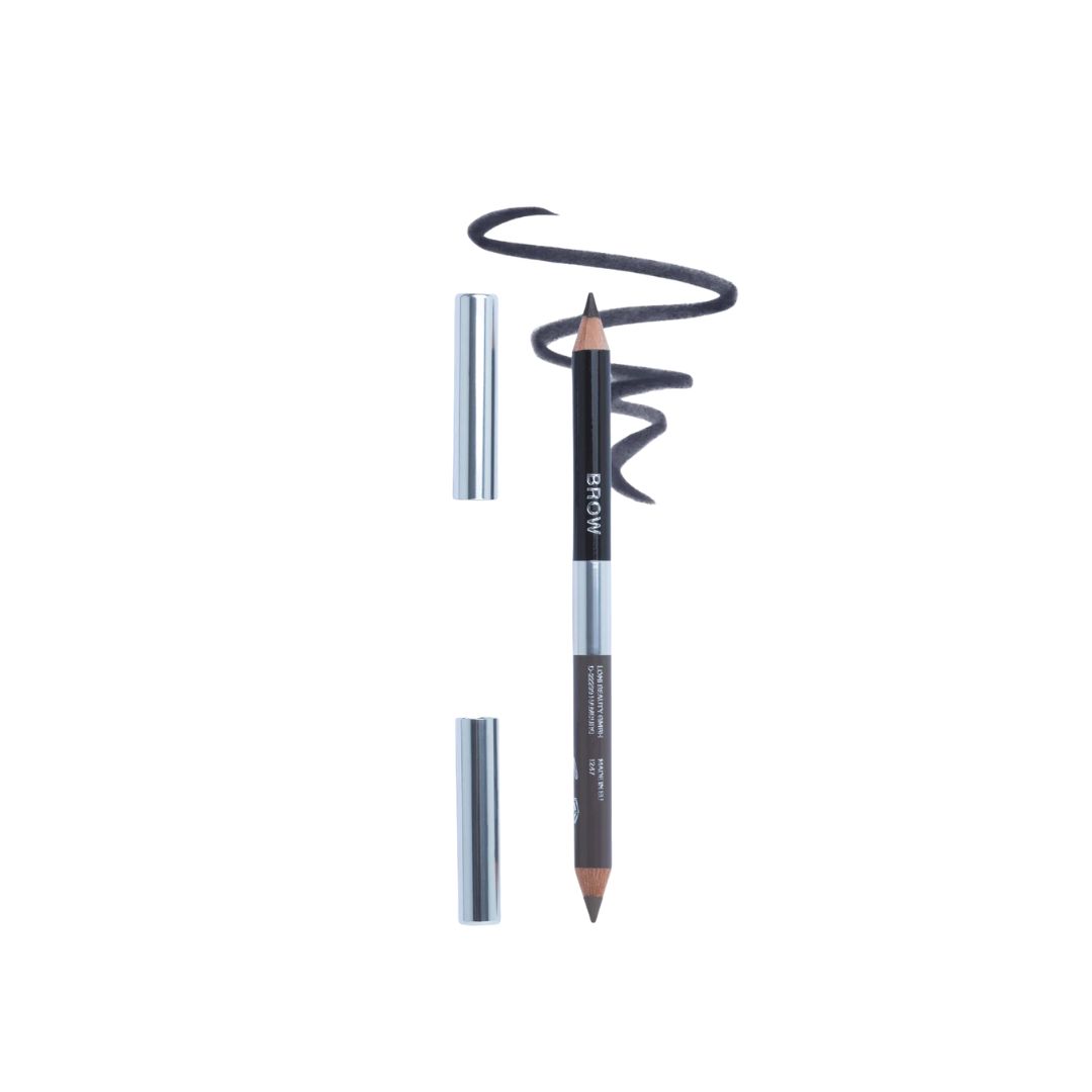 Doppel-Augenbrauenstift mit zwei Spitzen. Eine Spitze dunkelbraun, die andere hellbraun. Beide mit silbernen Kappen. Schwarze Strichprobe.