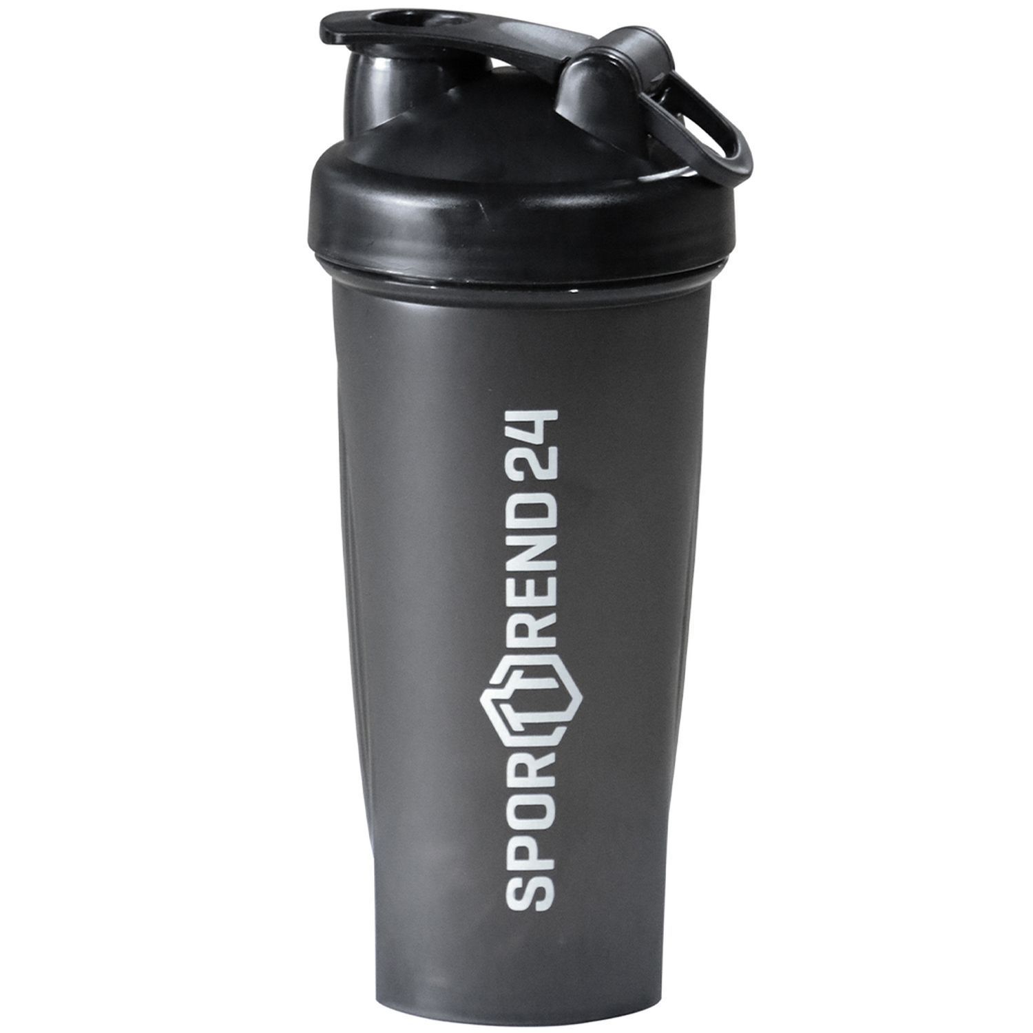 Dunkelgrauer Shaker mit Klappdeckel. Aufschrift 'SPORTTREND 24'.