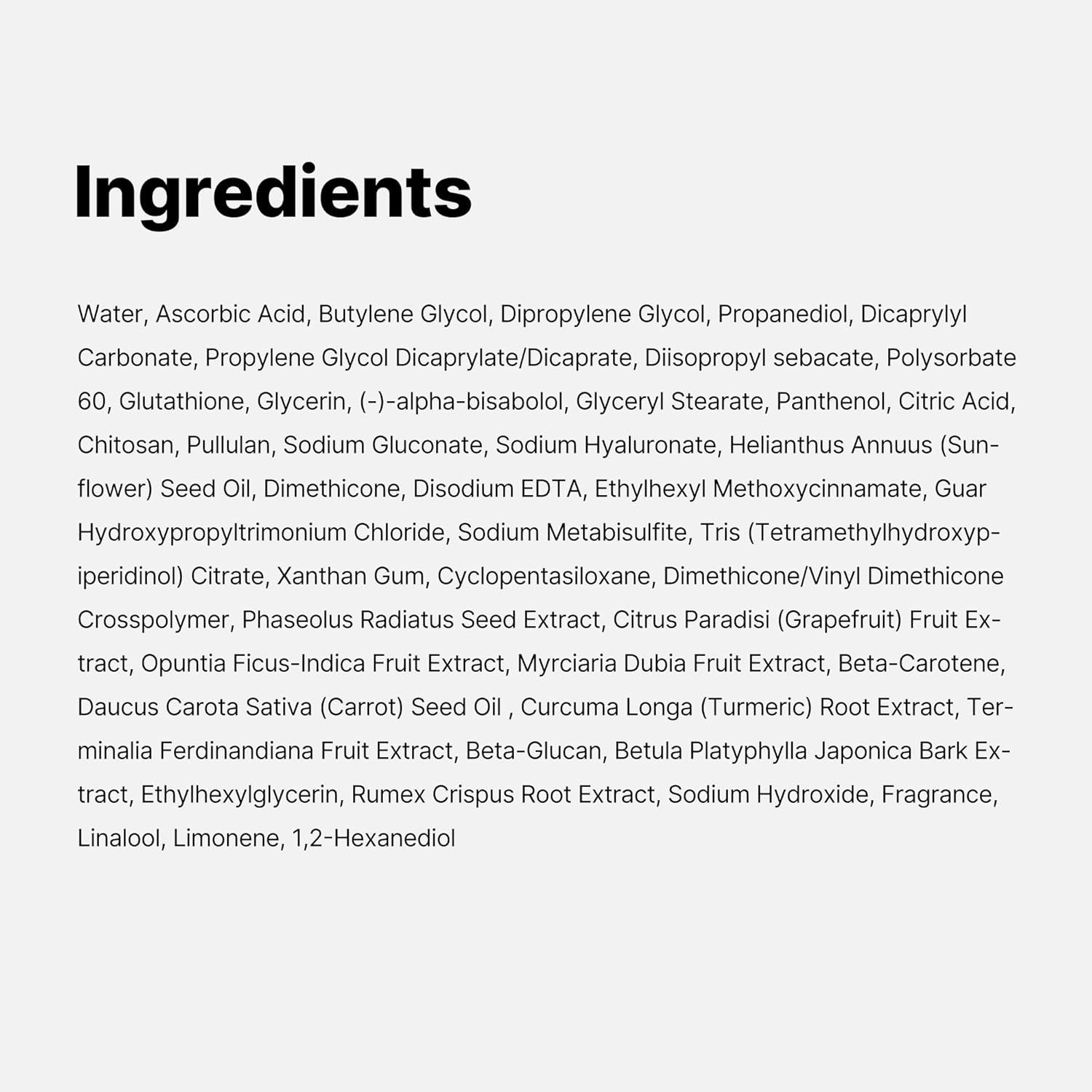 Liste der Inhaltsstoffe des MEDICUBE Deep Vita C Serum. Text auf weißem Hintergrund.