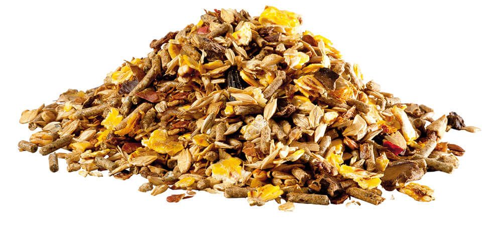 Haufen Apfel-Müsli mit Wisan-Lein. Mischung aus verschiedenen Getreide- und Fruchtstücken, gelb, braun und beige.