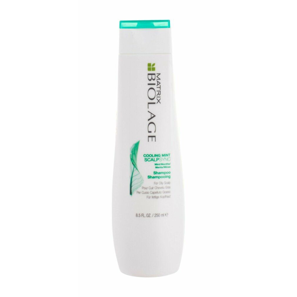 Weiße Shampoo-Flasche mit grünem Deckel. Aufschrift: Matrix Biolage Cooling Mint Scalpsync Shampoo. 250 ml.