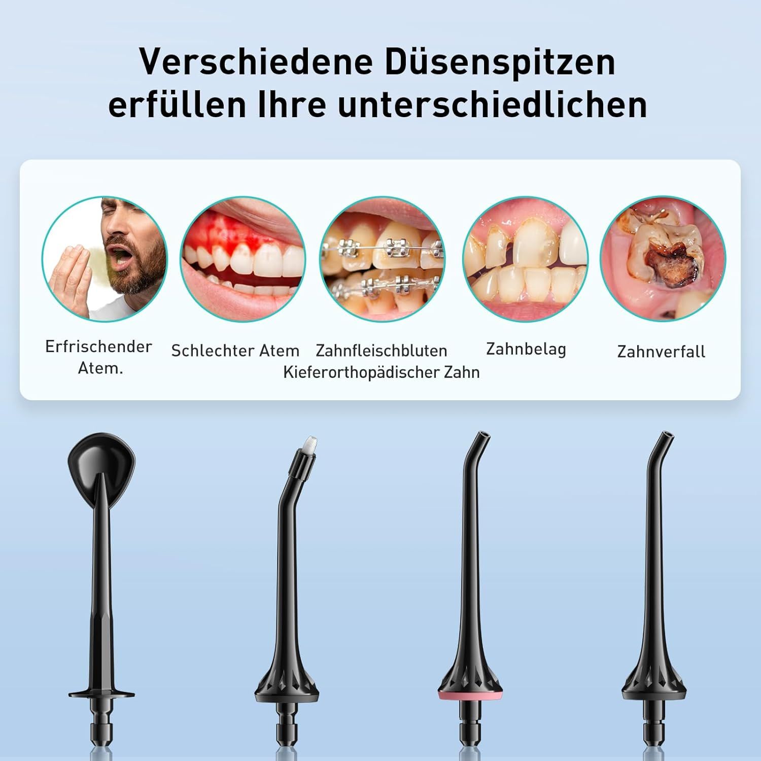 Zahnreiniger-Düsen. Verschiedene Düsen für unterschiedliche Bedürfnisse. Illustrationen von Mundproblemen.