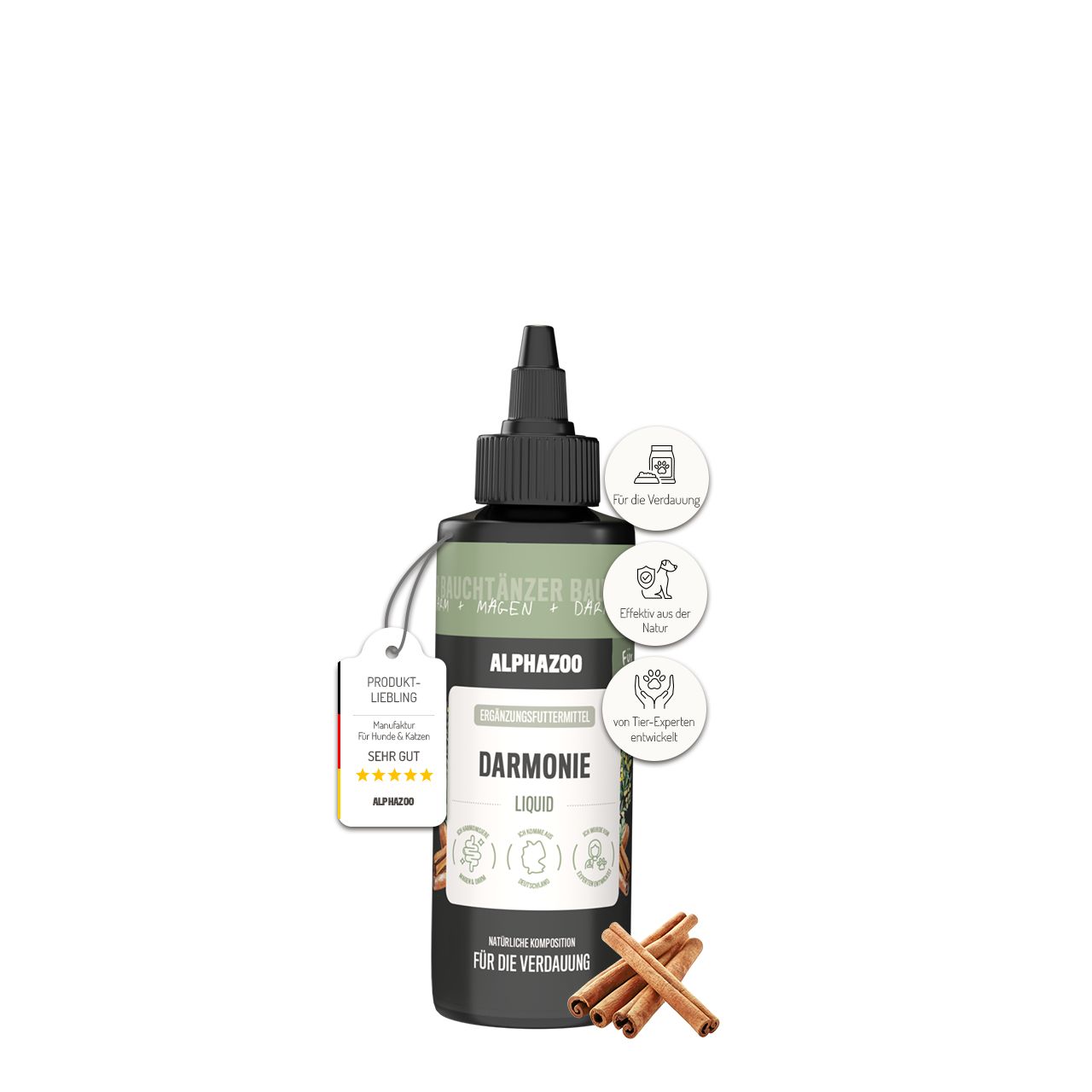 ALPHAZOO Liquid-Flasche mit Etikett. Aufkleber mit Produktnamen und Zusatzinformationen. Zimtstangen liegen daneben.