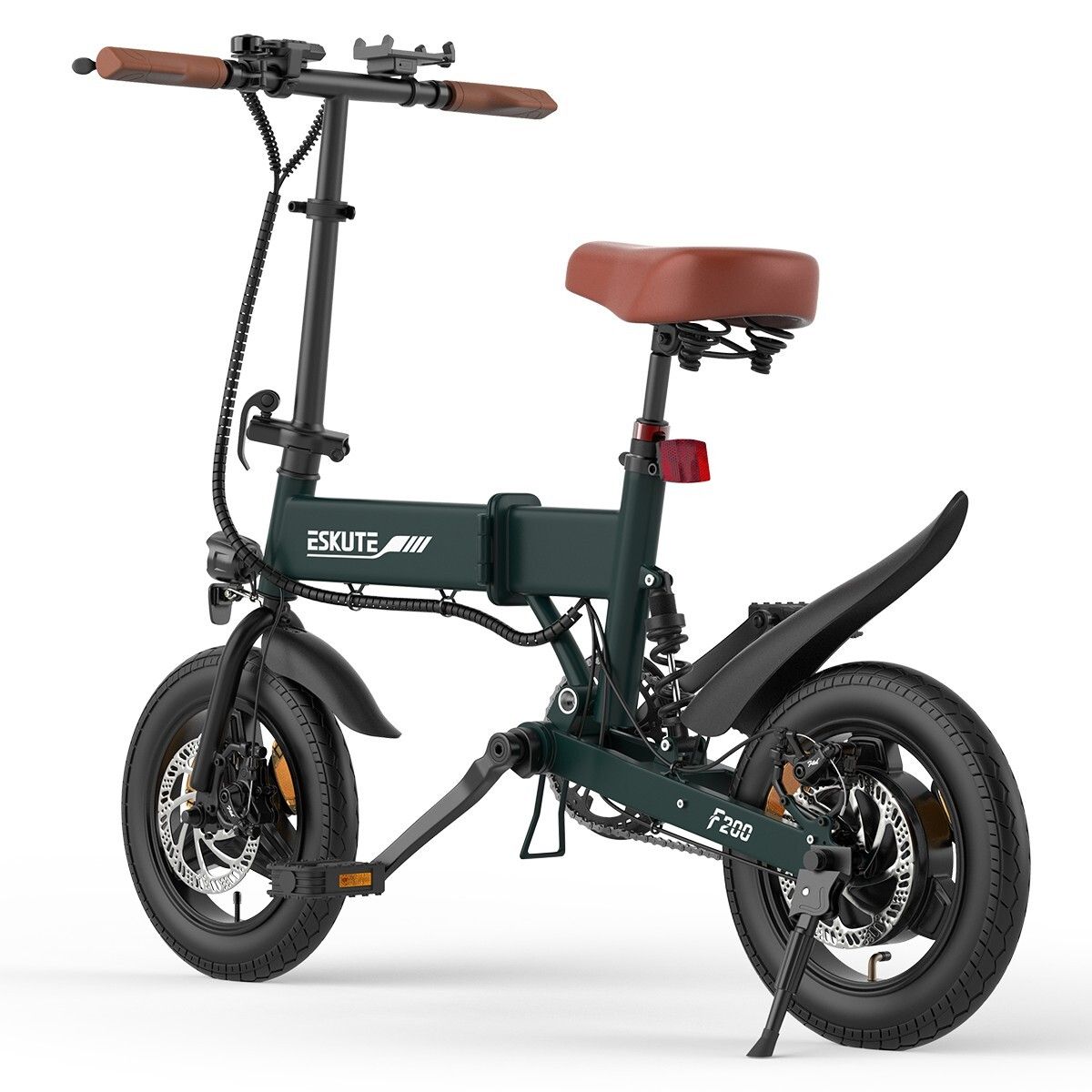 ESKUTE F200 E-Bike, grün. Brauner Sattel und Lenkergriffe. Schwarze Schutzbleche und Reifen. Scheibenbremsen. F200-Schriftzug.