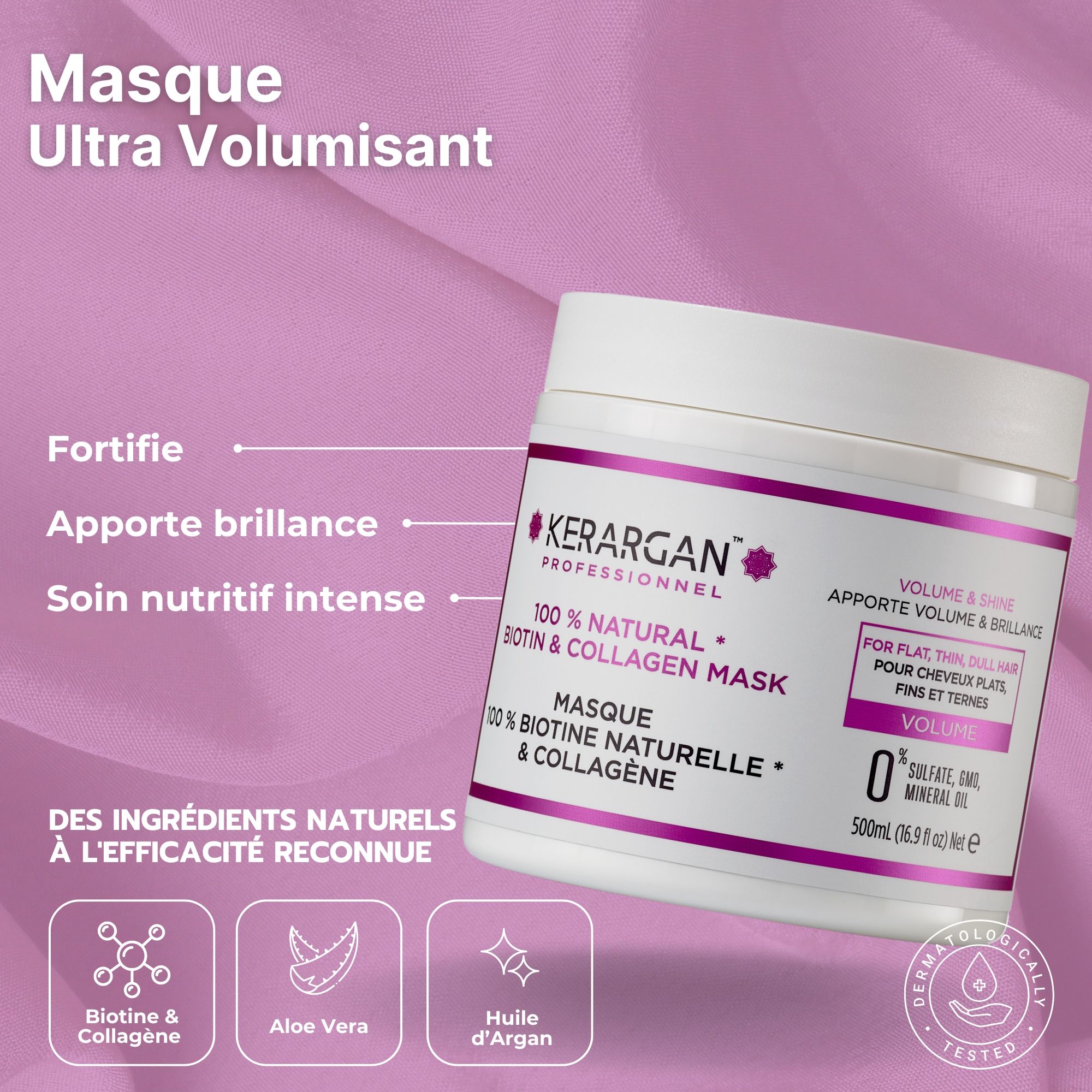 Pot de masque capillaire Kerargan. Blanc avec étiquette rose. Texte : Biotine & Collagène. Volume & Brillance. 500ml.