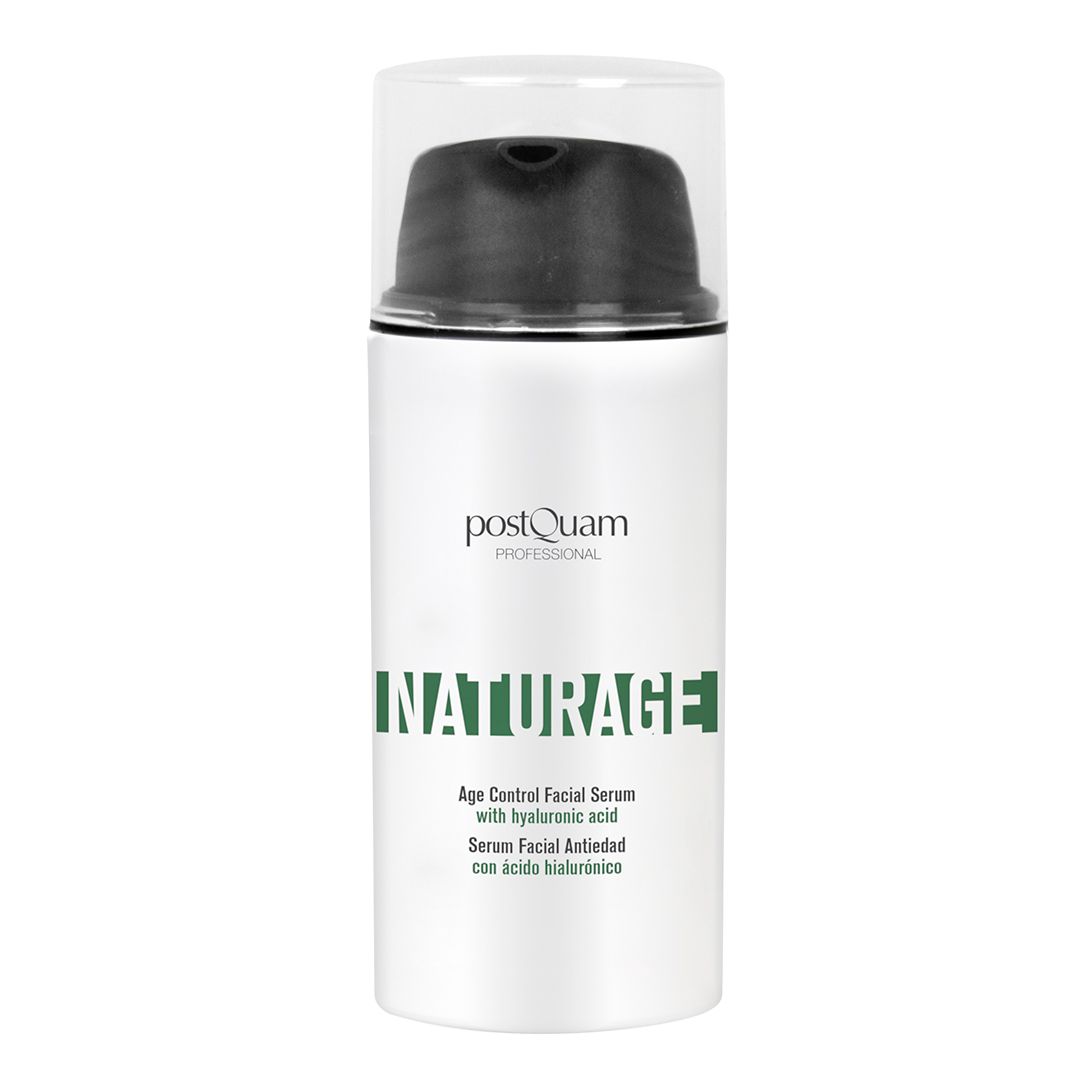 Weißer Serum-Flakon mit schwarzem Pumpkopf. Aufschrift: Postquam, INATURAGE, Age Control Facial Serum.