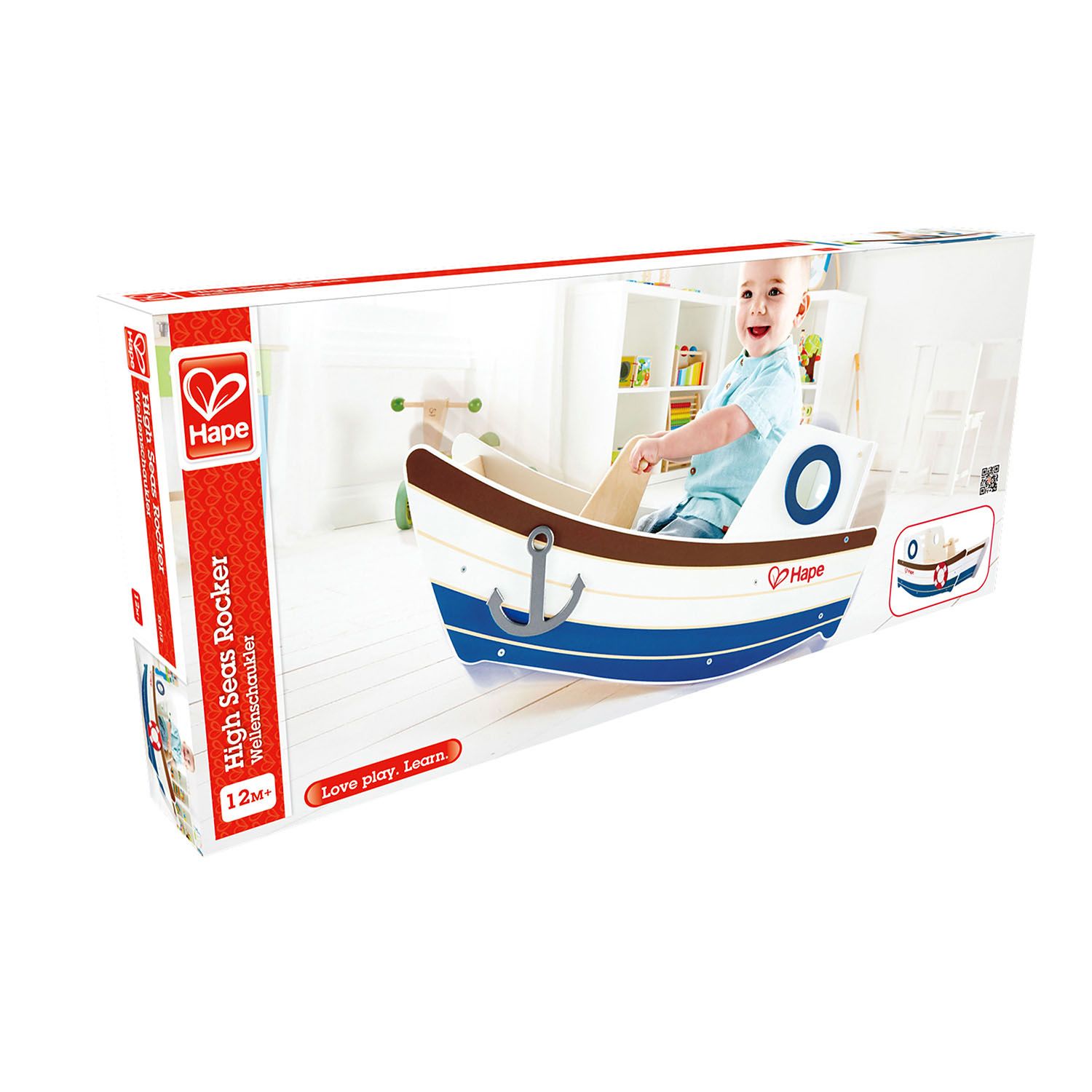 Hape Wellenschaukler in Verpackung. Boot-Schaukel mit Anker, blau-weiß. Kind sitzt im Boot. Aufschrift: High Seas Rocker, 12m+.