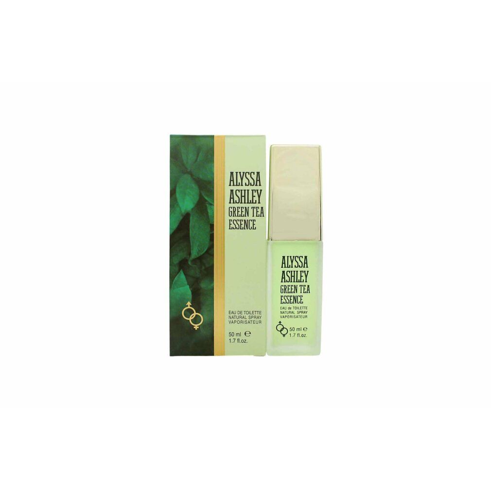 Alyssa Ashley Green Tea Essence EdT-Spray. Flakon und Schachtel. Grün und goldfarben. Aufschrift: Alyssa Ashley, Green Tea Essence, 50 ml.