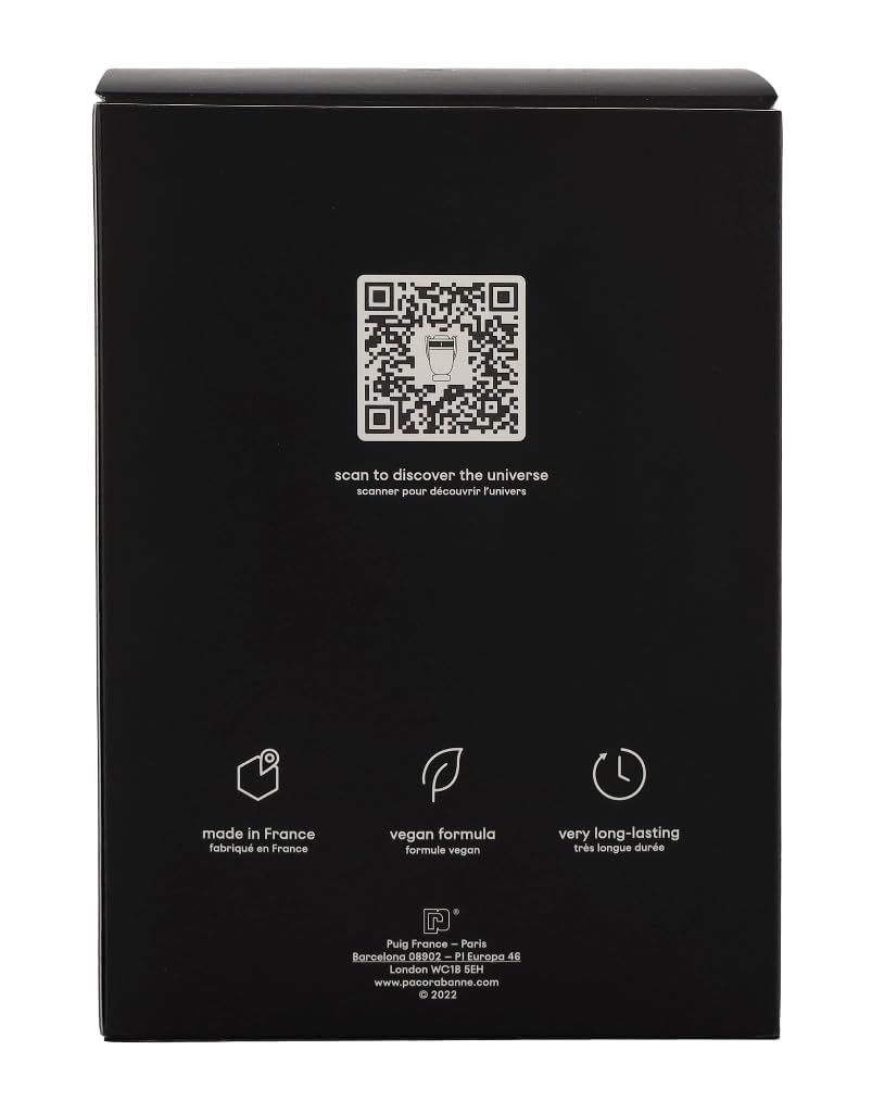 Schwarzer Karton mit QR-Code und Logos. "Made in France", "vegan formula", "very long-lasting".