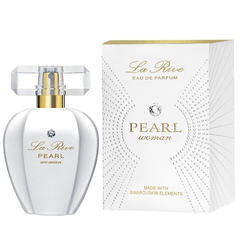 La Rive Pearl Eau de Parfum Spray. Weiße Flasche mit goldfarbenem Zerstäuber und Kristall. Verpackung mit Logo und Schriftzug.